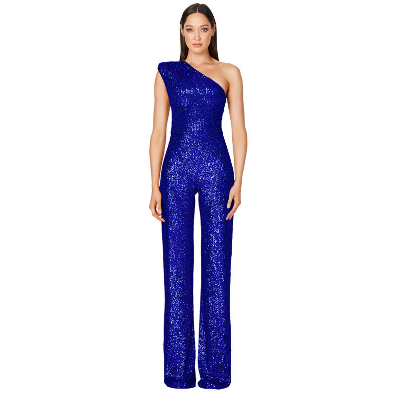 Sleeveless One-shoulder Fashion High Waist Design Sequined Jumpsuit