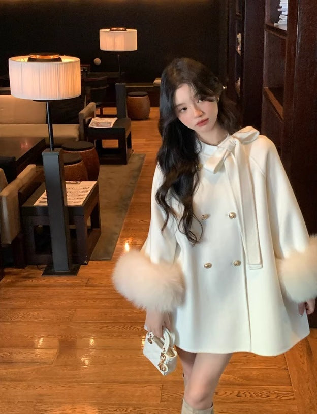 Fashion Woolen Overcoat for Women with Bow Detail