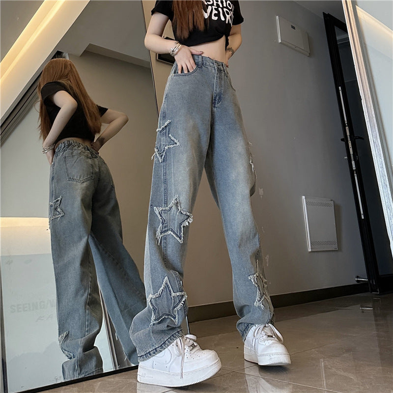 Blue Embroidered High-Waist Loose Straight-Leg Jeans for Women