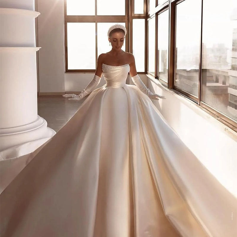 Ivory White Satin Strapless Bridal Dress for Women