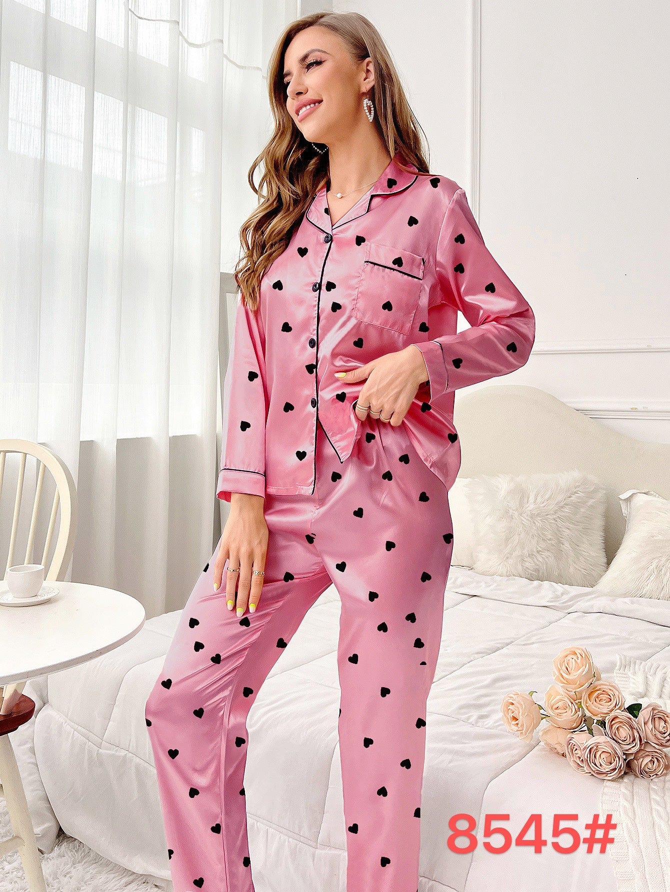 Women’s Sweet Luxury 5050 Artificial Silk Lapel Long Sleeve Pajama Set with Trousers
