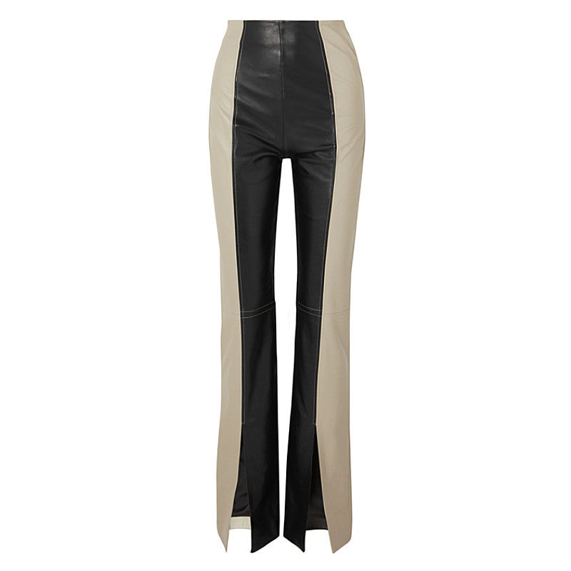 High Waist Slim Two-Tone Patchwork PU Leather Pants