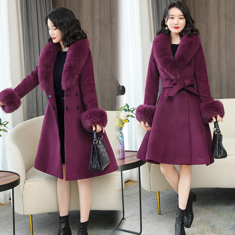 Manteau en laine épais double face pour femmes avec col en fourrure