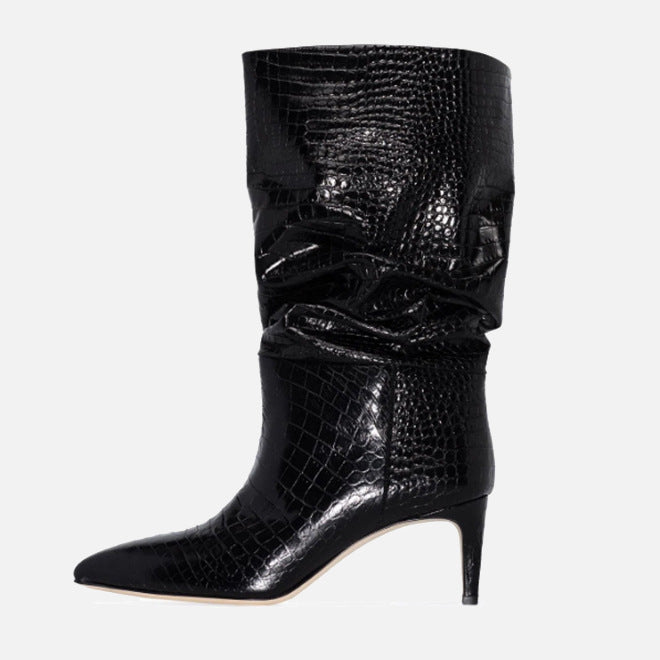 Bottes mi-hautes à talon aiguille et bout pointu pour femmes, imprimé serpent argenté et violet