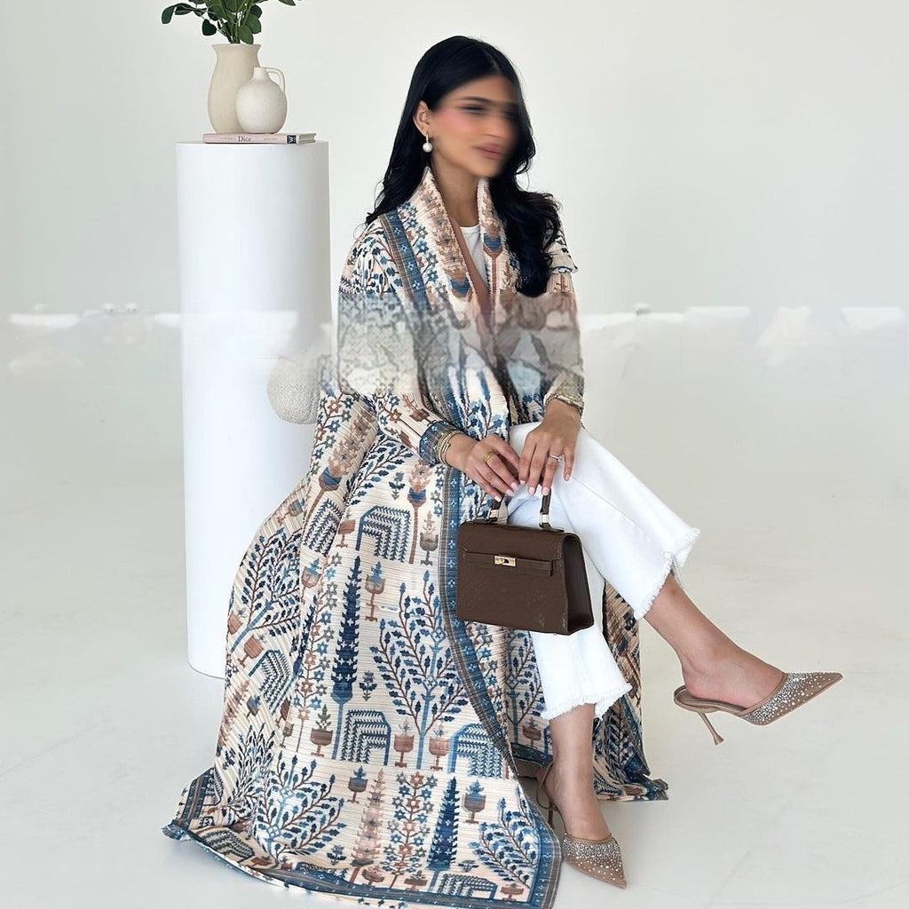 Pleated Trench Djellaba Printed Shawl Cardigan Ethnic Cloak Coat for Middle East Women
