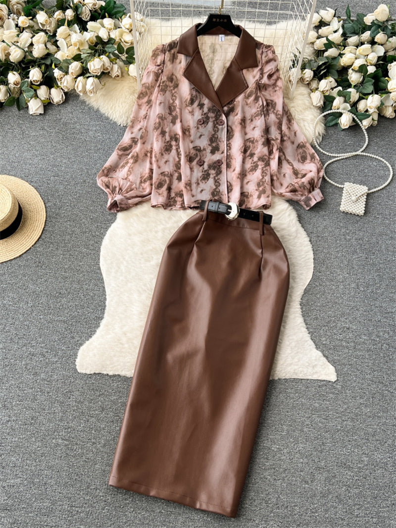 Suit Collar Floral Chiffon Shirt High Waist Tight PU Leather Half-body Skirt Set