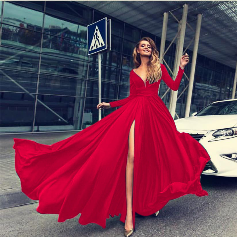 Milk Silk Sexy Deep V Long Sleeve Dress