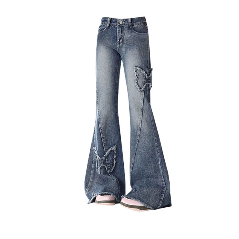 Vintage Embroidered Butterfly High-Waist Denim Jeans Straight & Wide Leg Pants