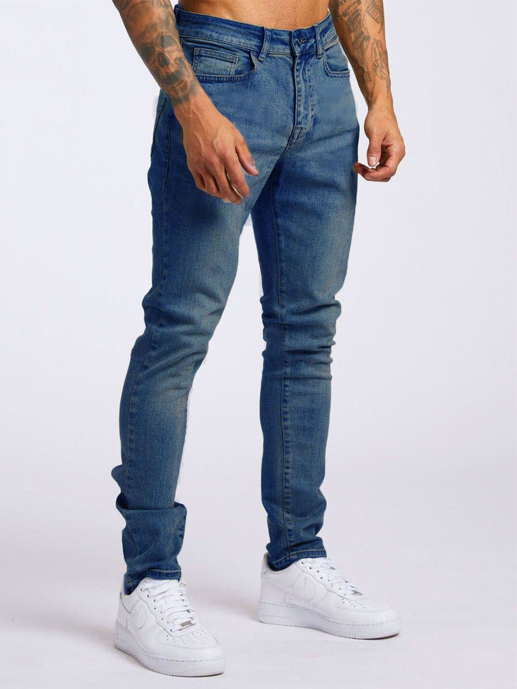 Jeans décontracté taille haute coupe slim pour homme bleu clair et noir