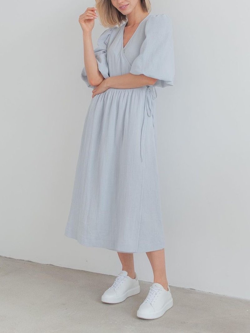 Sweet Atmosphere Solid Color Cotton Dress with Puff Sleeves
