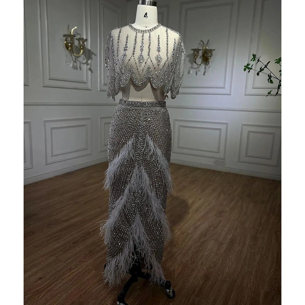 Silver Nude Slim-Fit Feather Beaded Organza Evening Dress for Ladies