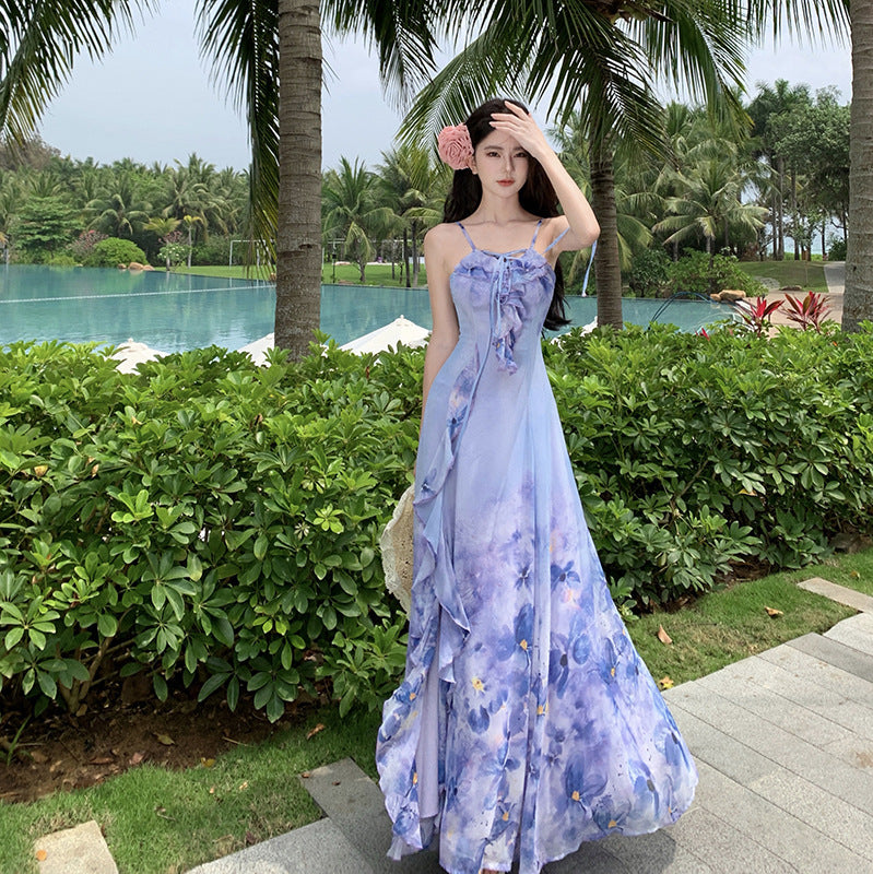 Vacation Style Beach Chiffon Printed Suspender Skirt Oil Painting Super Fairy