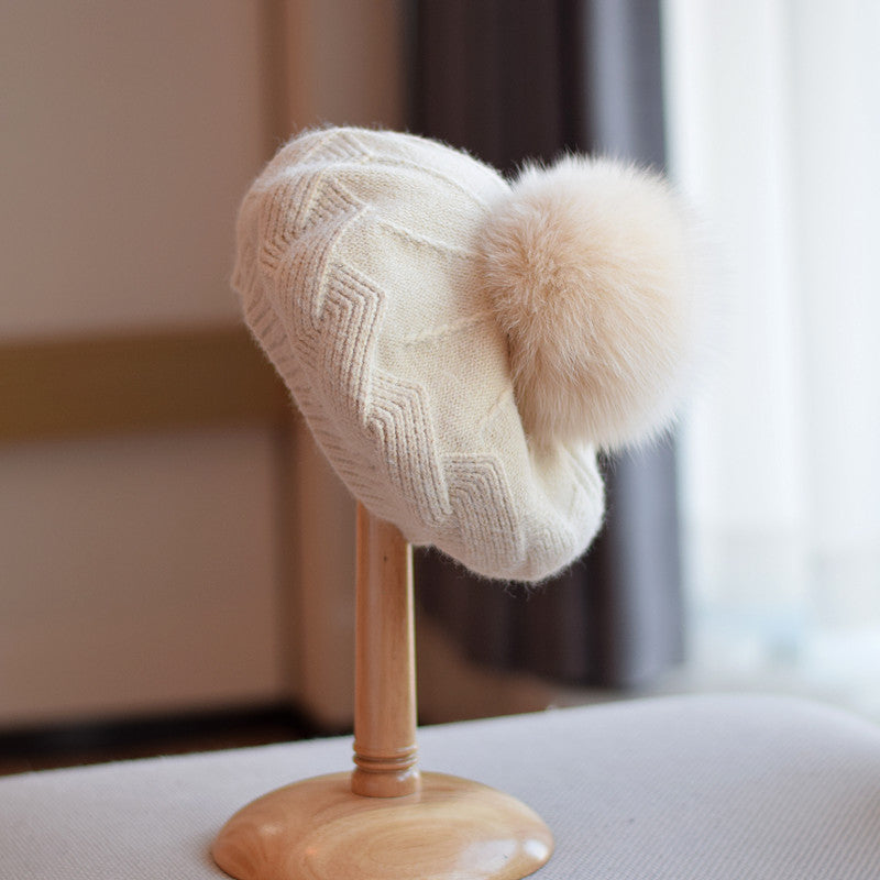 Bonnet en laine tricotée pour femme avec pompon en fourrure de renard, automne-hiver, taille M (56-58 cm)