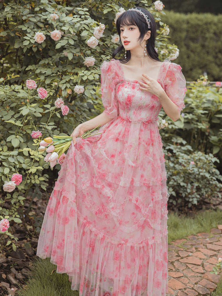 French Vintage Pink Chiffon Floral Mesh Dress Short Sleeve