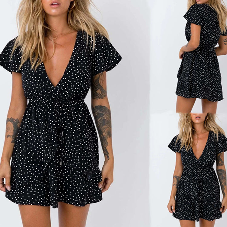V-Neck Black Polka Dot Slimming Dress with Wide Waist
