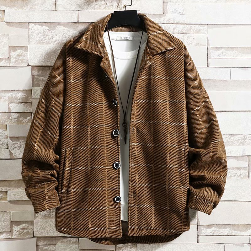 Men's Woolen Plaid Trench Coat Single Breasted Lapel Collar