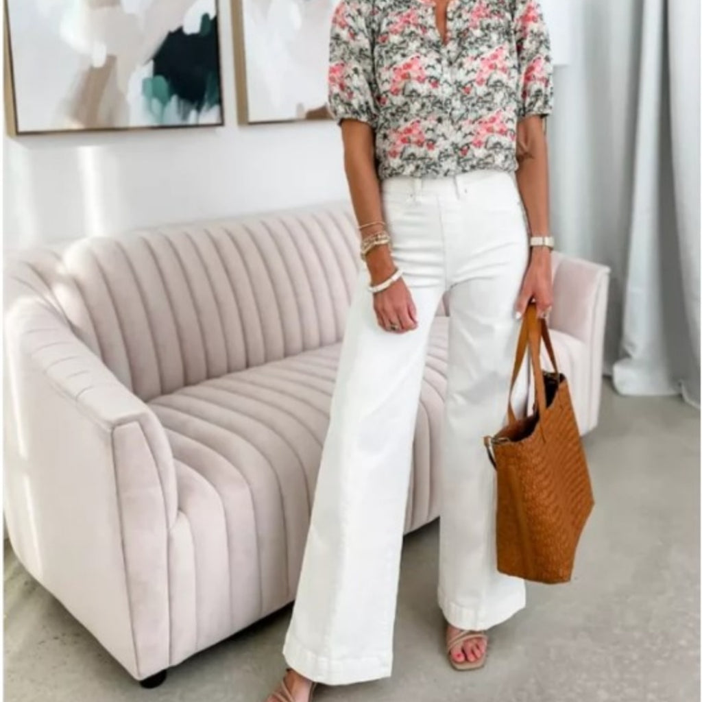 High Waist Wide Leg White Cotton Jeans for Women