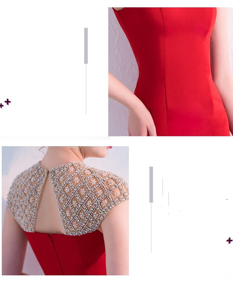 Élégante robe de soirée longue sirène avec col en U, noire ou rouge