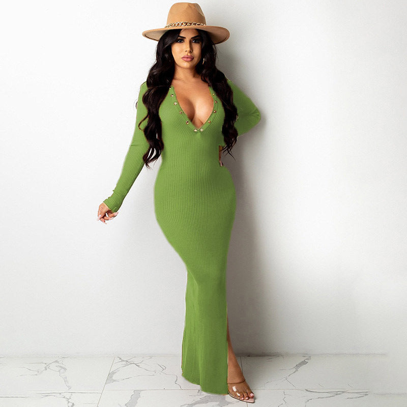Backless Lapel Dress with Long Sleeves and Slit Midi Skirt