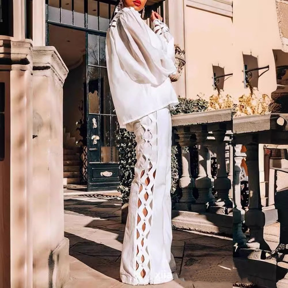 White Lace Long Sleeve Shirt and Pants Set