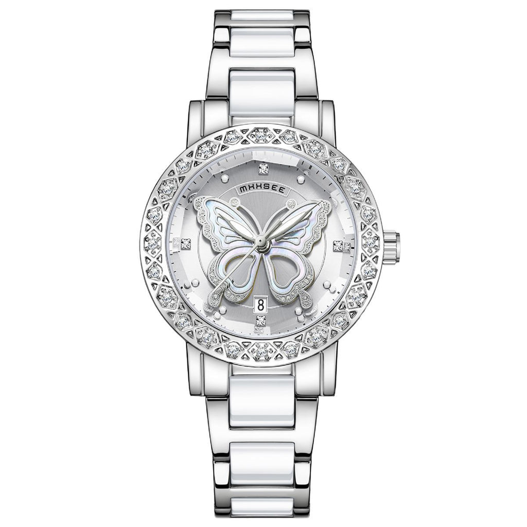 Montre de luxe pour femme ornée de diamants papillon avec calendrier et bracelet en acier