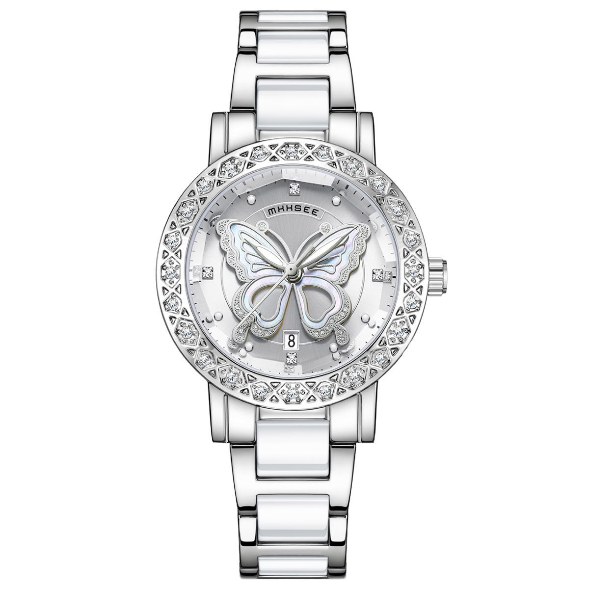 Montre de luxe pour femme ornée de diamants papillon avec calendrier et bracelet en acier
