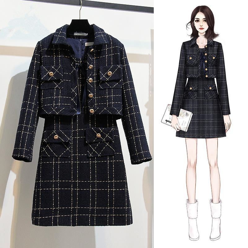 Women’s Tweed Two-Piece Temperament Dress Set with Flying Sleeves