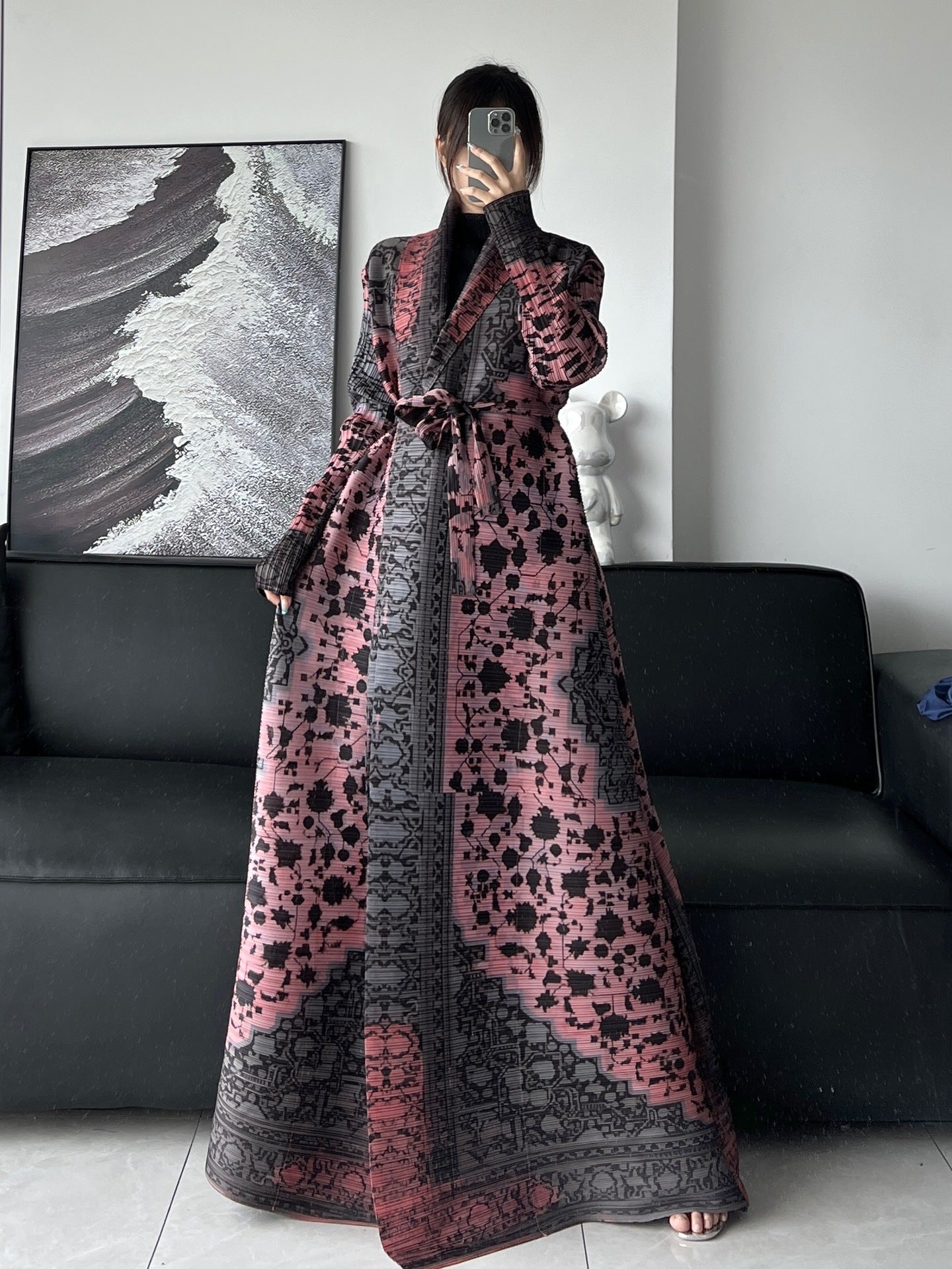 Pleated Print Fashionable All-match Lace-up Loose Arabian Abaya Robe