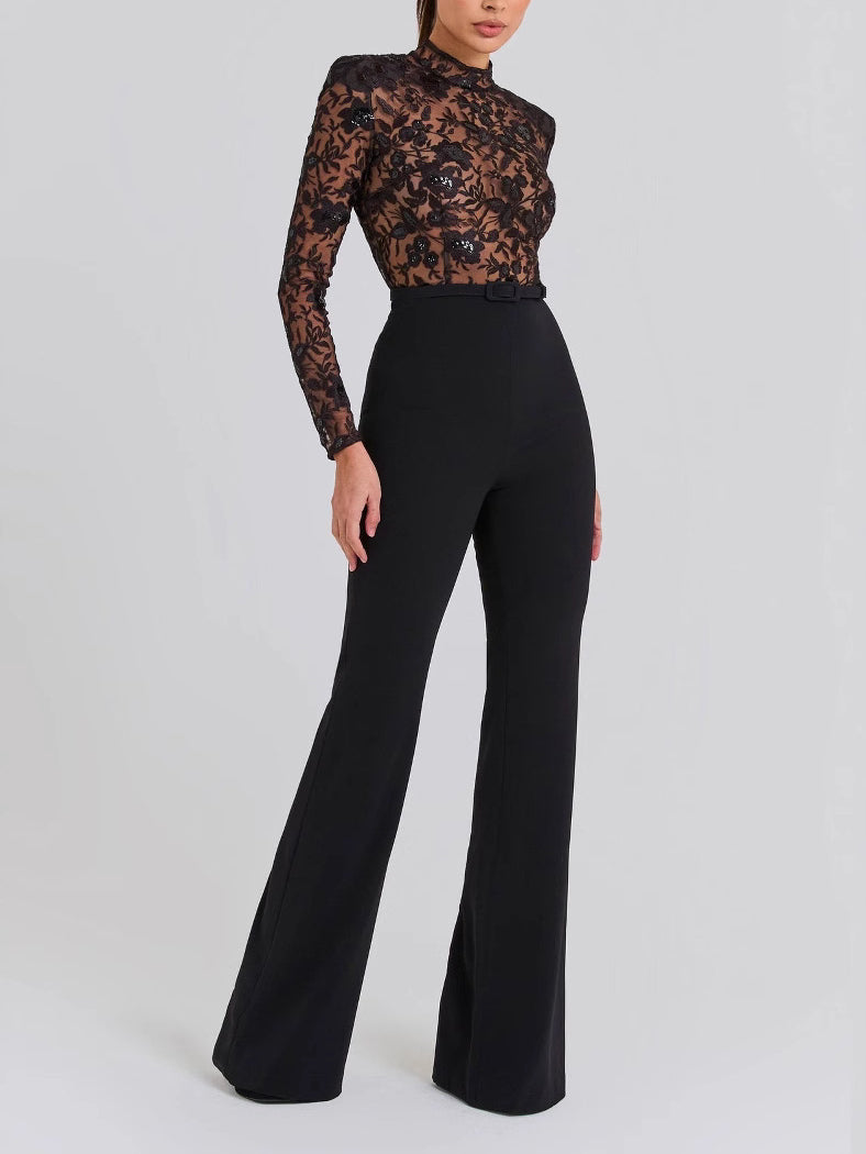 Black See-Through Lace Long-Sleeve Trousers Jumpsuit