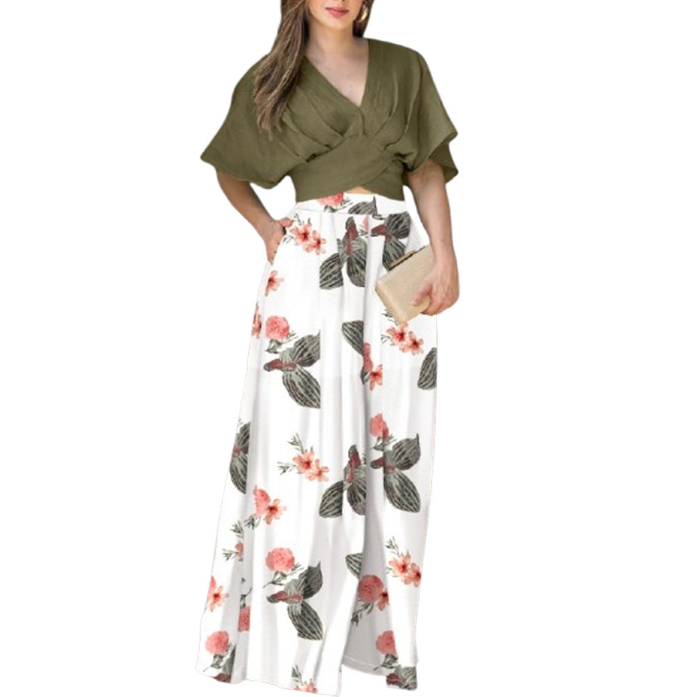Women's Summer Printed Two-Piece Suit Short Sleeve Top & Pocket Trousers