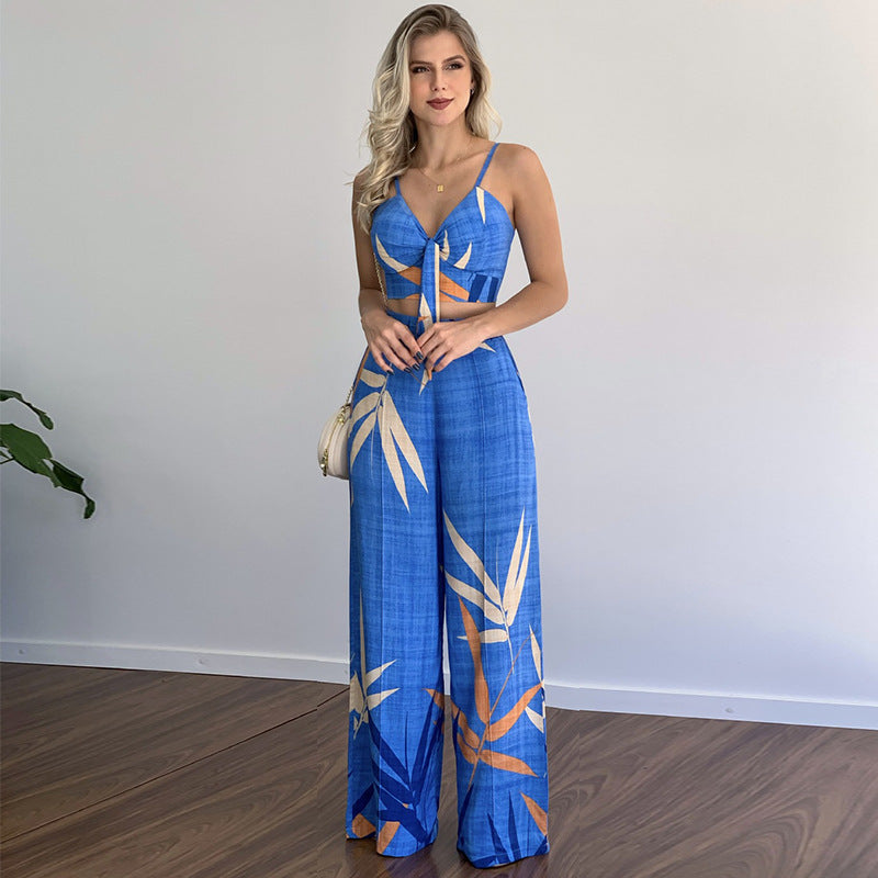 Linen V-Neck Short Vest & High Waist Wide Leg Pants Two-Piece Set
