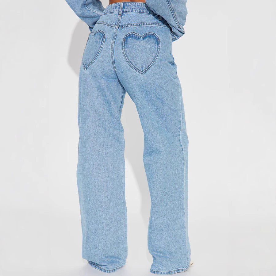 Jeans en coton taille haute coupe droite amincissant ample avec poche cœur