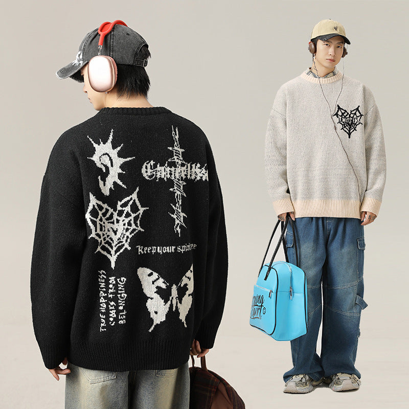 American Retro Hand-Painted Jacquard Round Neck Sweater in White & Black, Sizes M-XXL