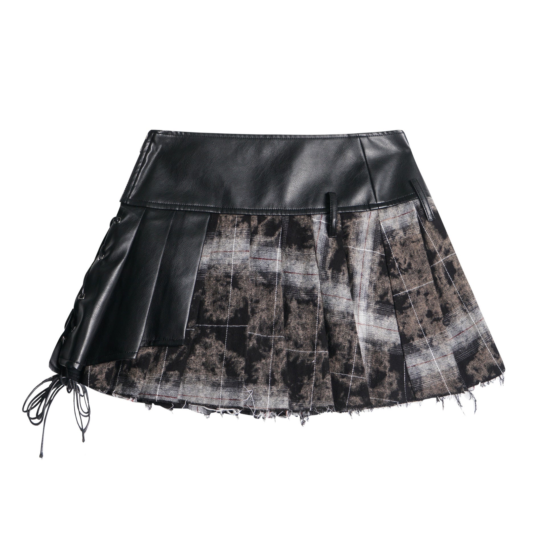 Jupe plissée en nylon noir avec surpiqûres en cuir pour femme