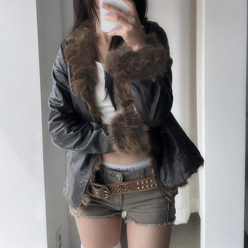 American Street Black Faux Fur Collar Leather Coat