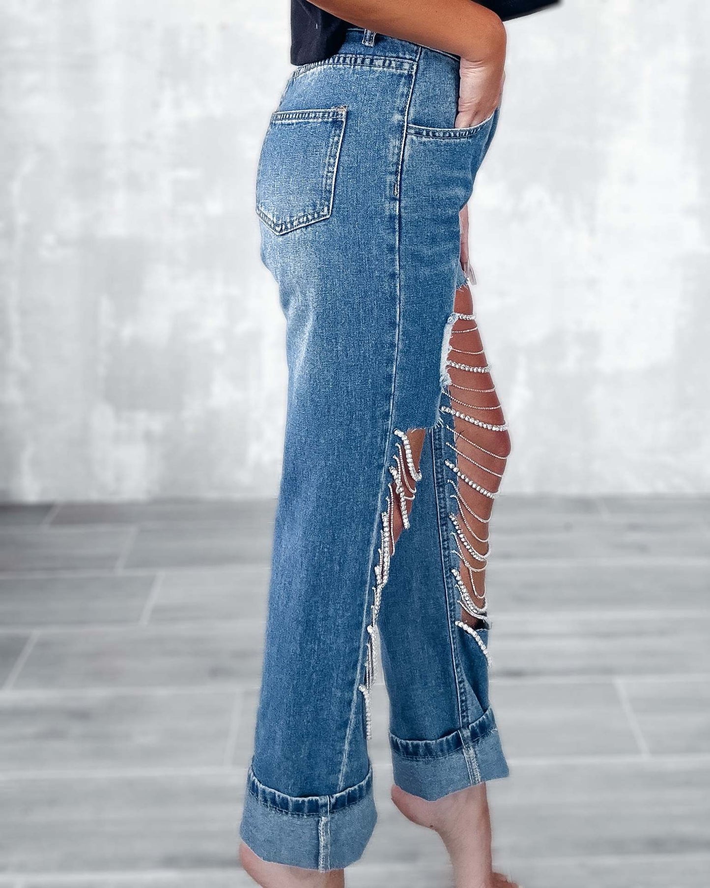Big Ripped Jeans Women's Chain Ornaments Straight-leg Pants