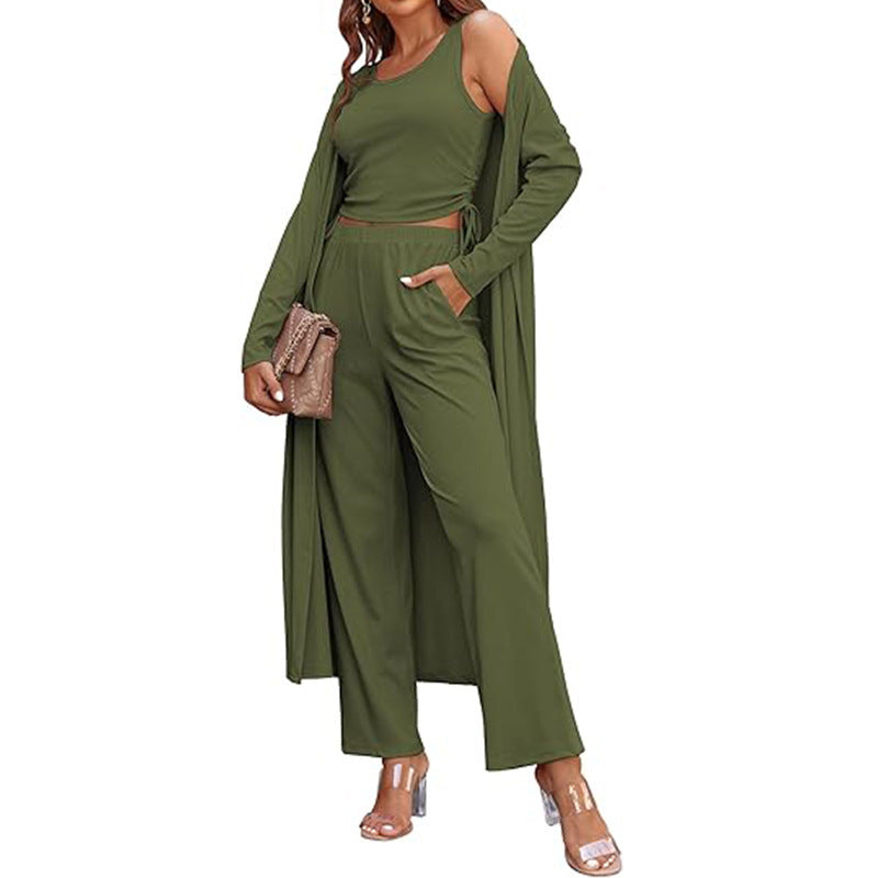 Women's Three Piece Casual Long-sleeved Cardigan Trousers Suit