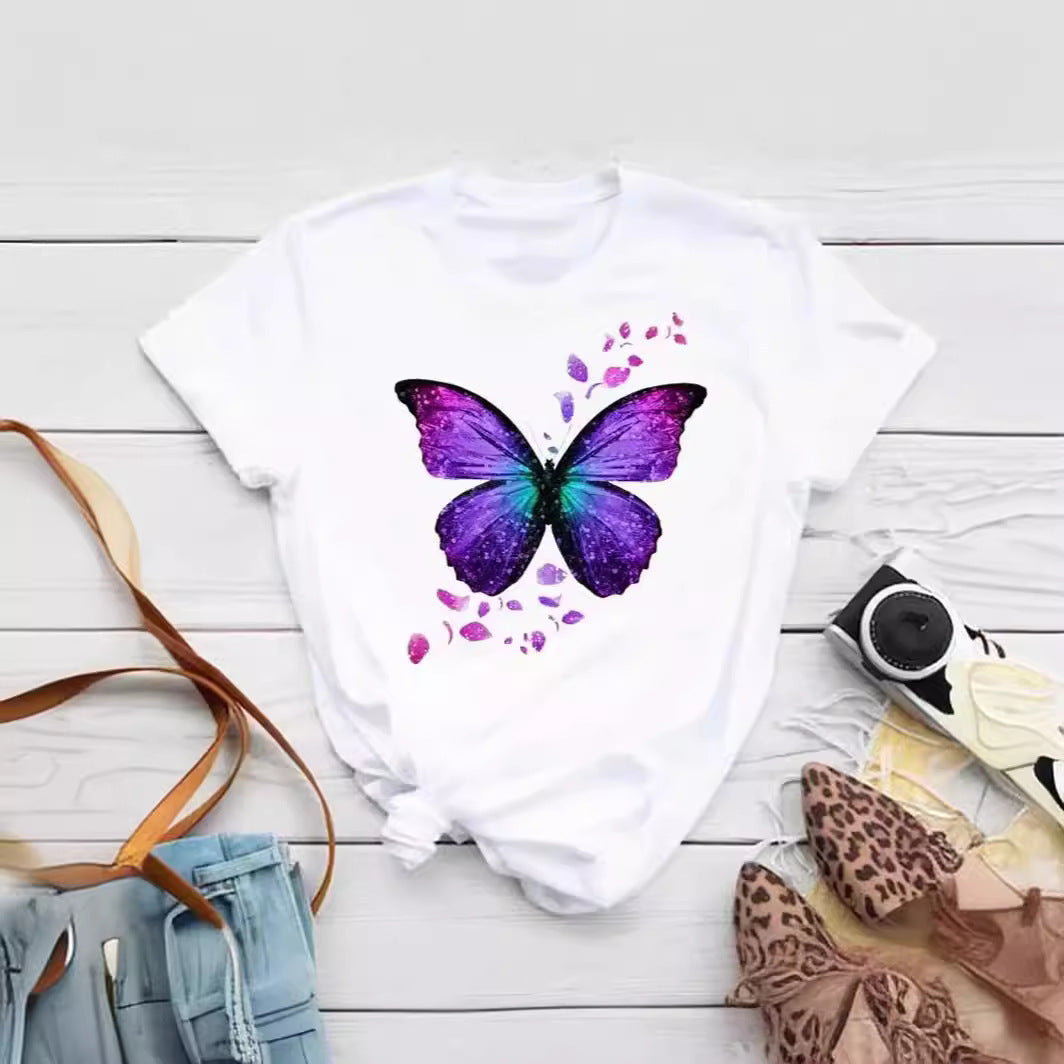 Colorized Butterfly Petal Printed T-shirt Short Sleeve Round Neck