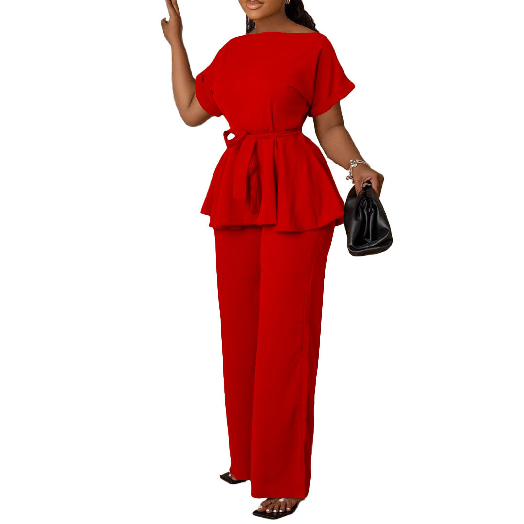 Solid Color Lace-Up Top & High Waist Wide Leg Pants Set