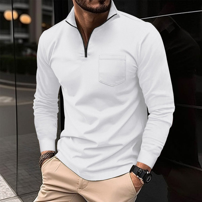 Men's Long Sleeve Waffle Sports Polo Shirt with Zipper Pocket