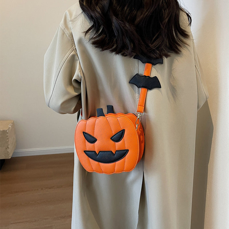 Funny Pumpkin Cartoon PU Shoulder Crossbody Bag with Bat Design for Women