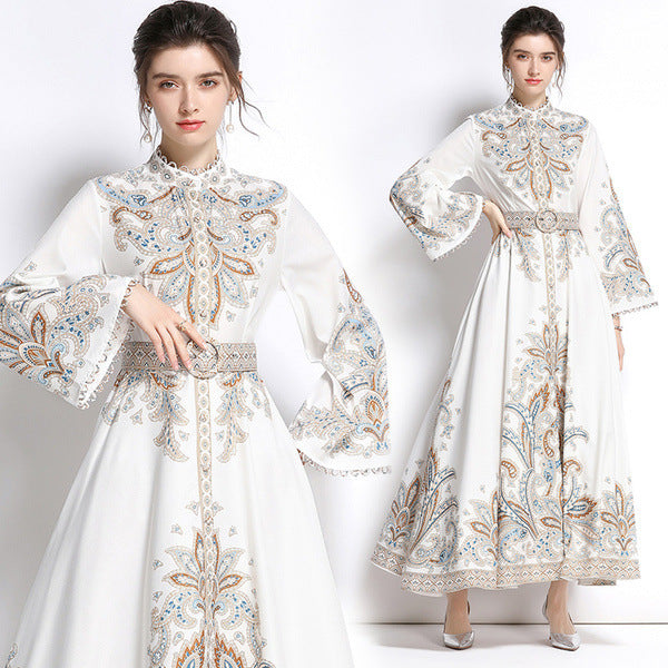 Retro Middle East Style White Bell Sleeve Dress