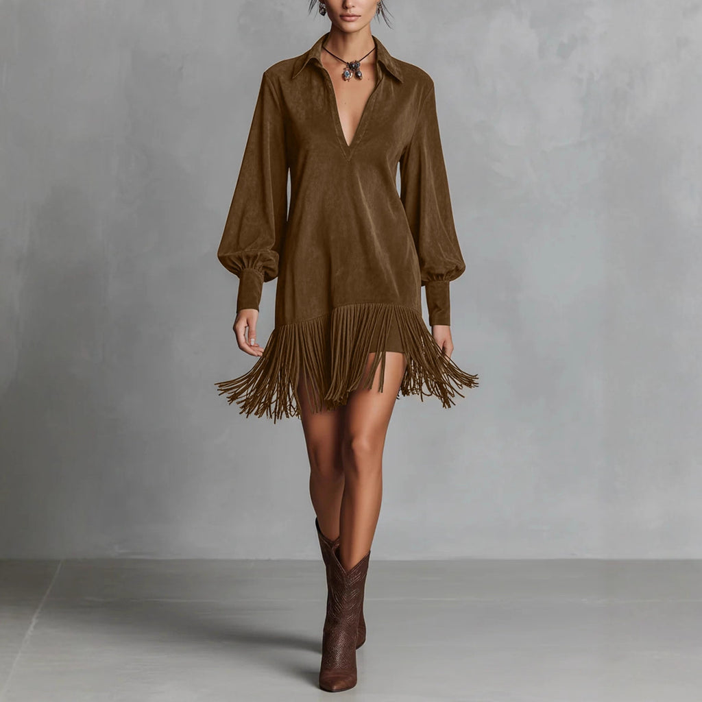 Denim Faux Suede Mid-Length V-Neck Dress with Flared Hem and Fringe