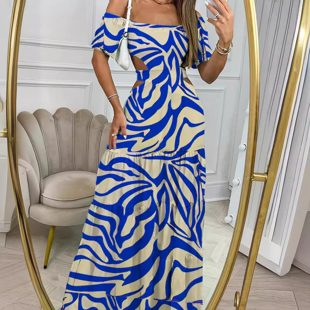 Robe longue en mousseline de soie à col une ligne, manches courtes, imprimée et taille creuse pour femme - Idéale pour les vacances d'été