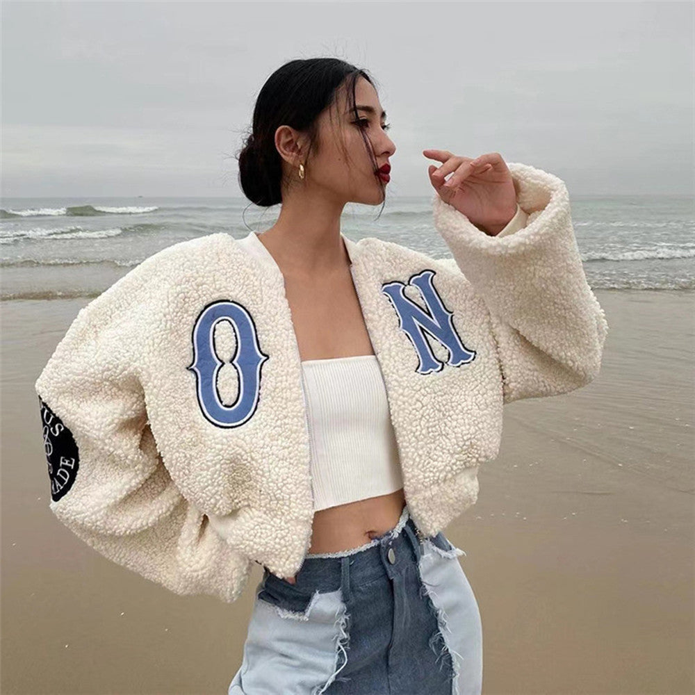 Women's Slim Fit Apricot Letter Embroidered Jacket with Flared Sleeves
