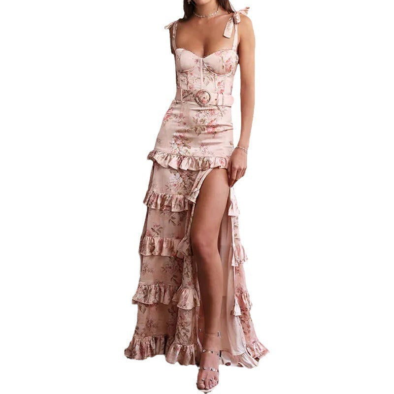 Sexy Pink Backless Floral Pleated Suspender Dress Long Skirt