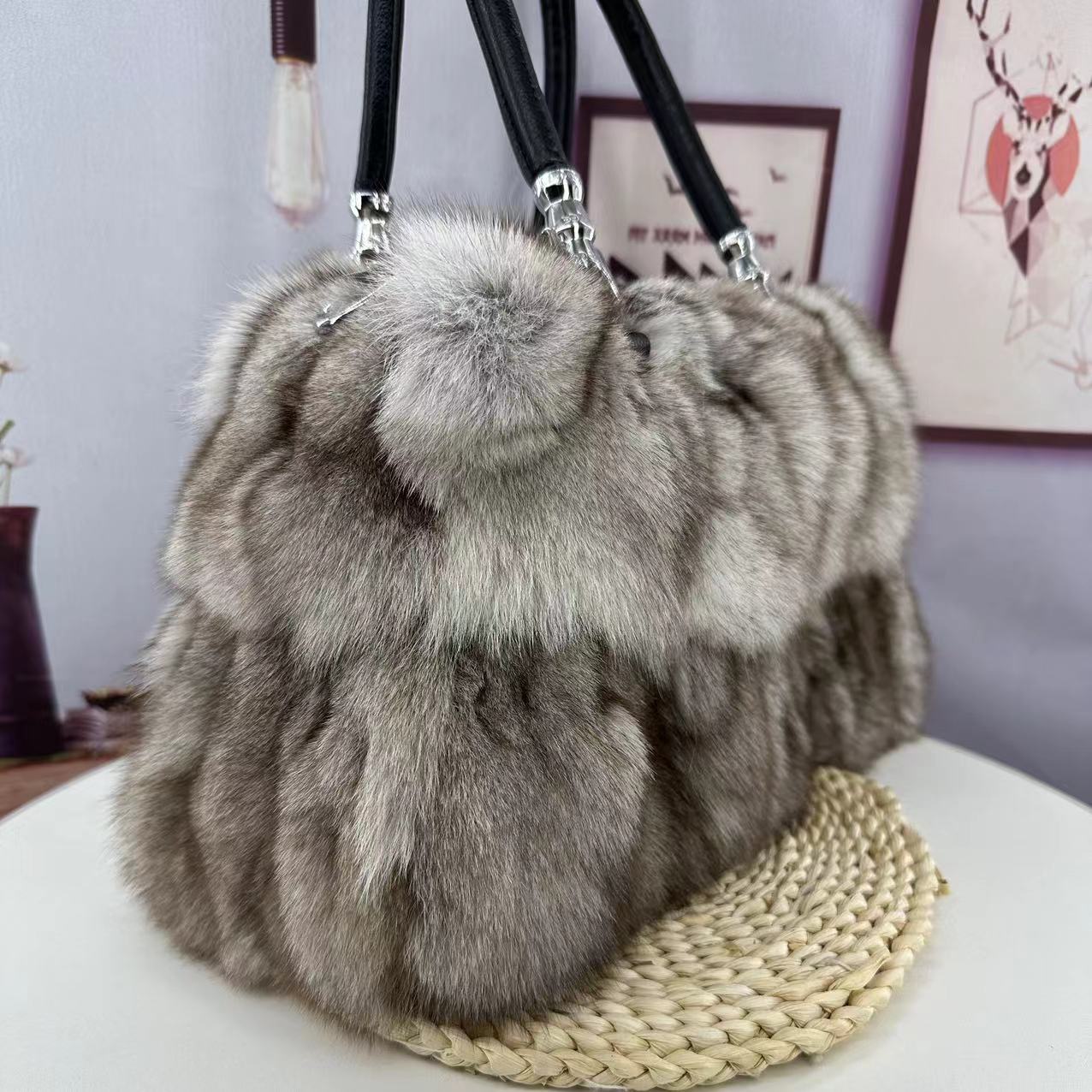 Silver Fox Fur Portable Shoulder Messenger Bag 30cm