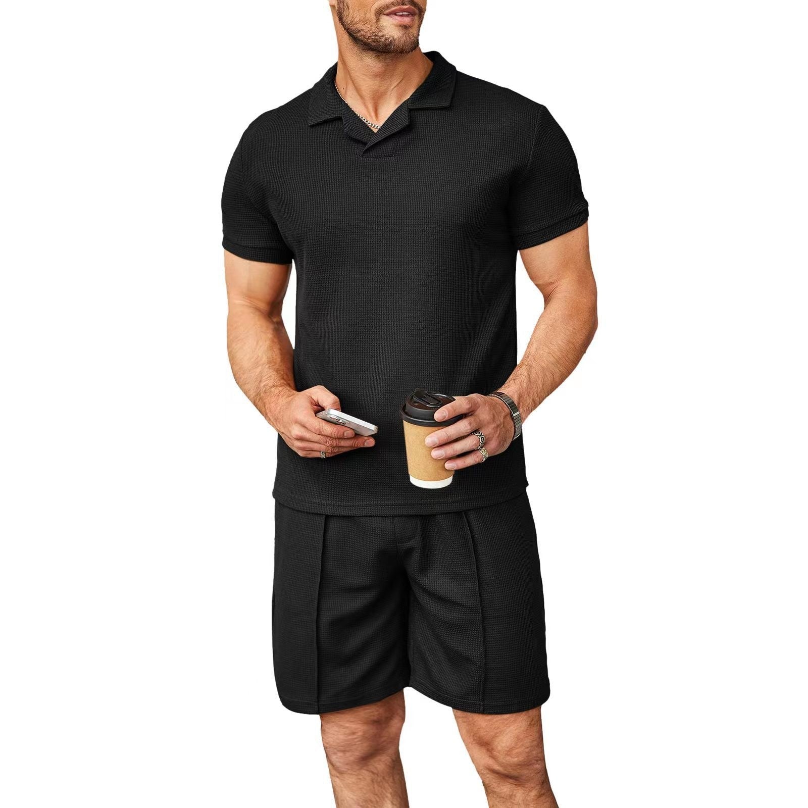 Lot de 2 polos à col en V pour homme, manches courtes, style gaufré, t-shirt décontracté d'été