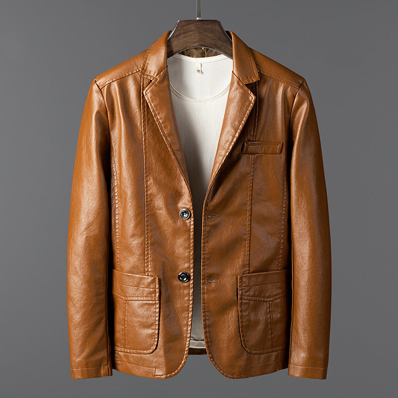 Men's Thin Lapel Leather Jacket for Autumn and Winter