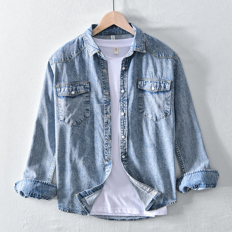 Men's Long-Sleeve Denim Shirt in Light Blue & Blue Cotton